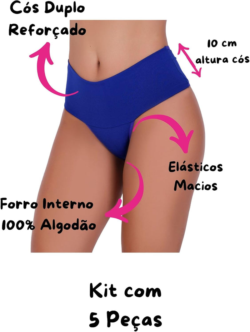 Kit 5 Calcinhas Cintura Alta Compressão Cós Alto Fitness Power Zero Barriga Pala Cós Duplo