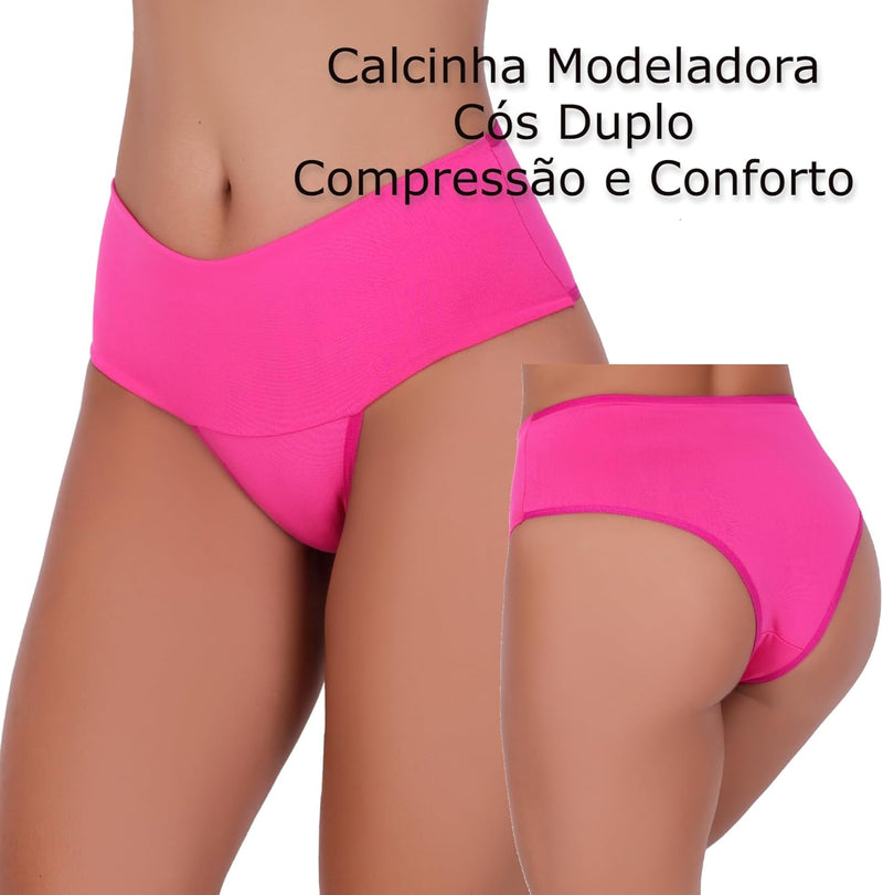 Kit 5 Calcinhas Cintura Alta Compressão Cós Alto Fitness Power Zero Barriga Pala Cós Duplo